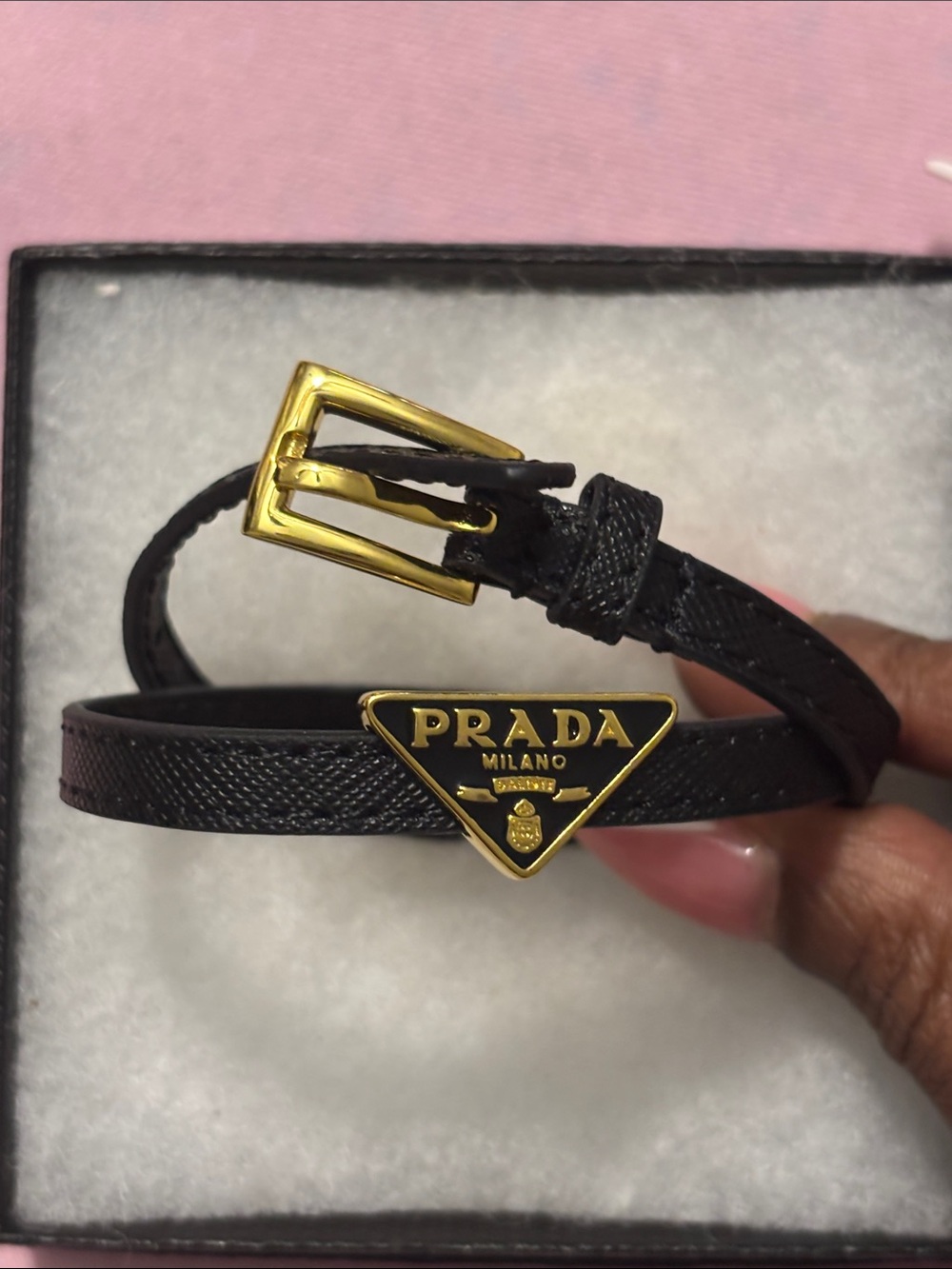 Prada Milano Black Leather Logo Bracelet with Gold Hardware
